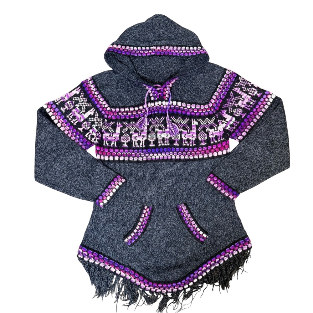 Artesania Edm Alpaca Wool Hooded Llama Sweater Gray Purple Fringe Large